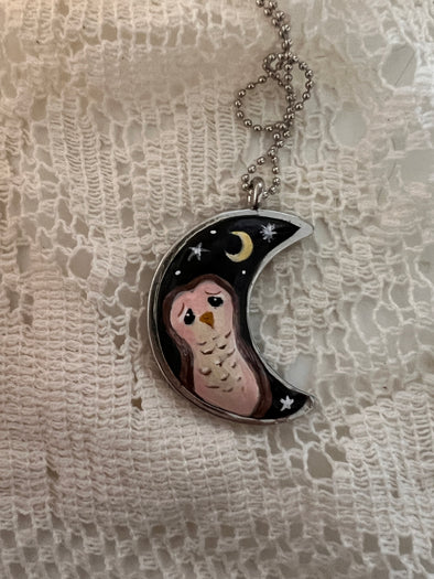 Little Pink Owl Moon Pendant